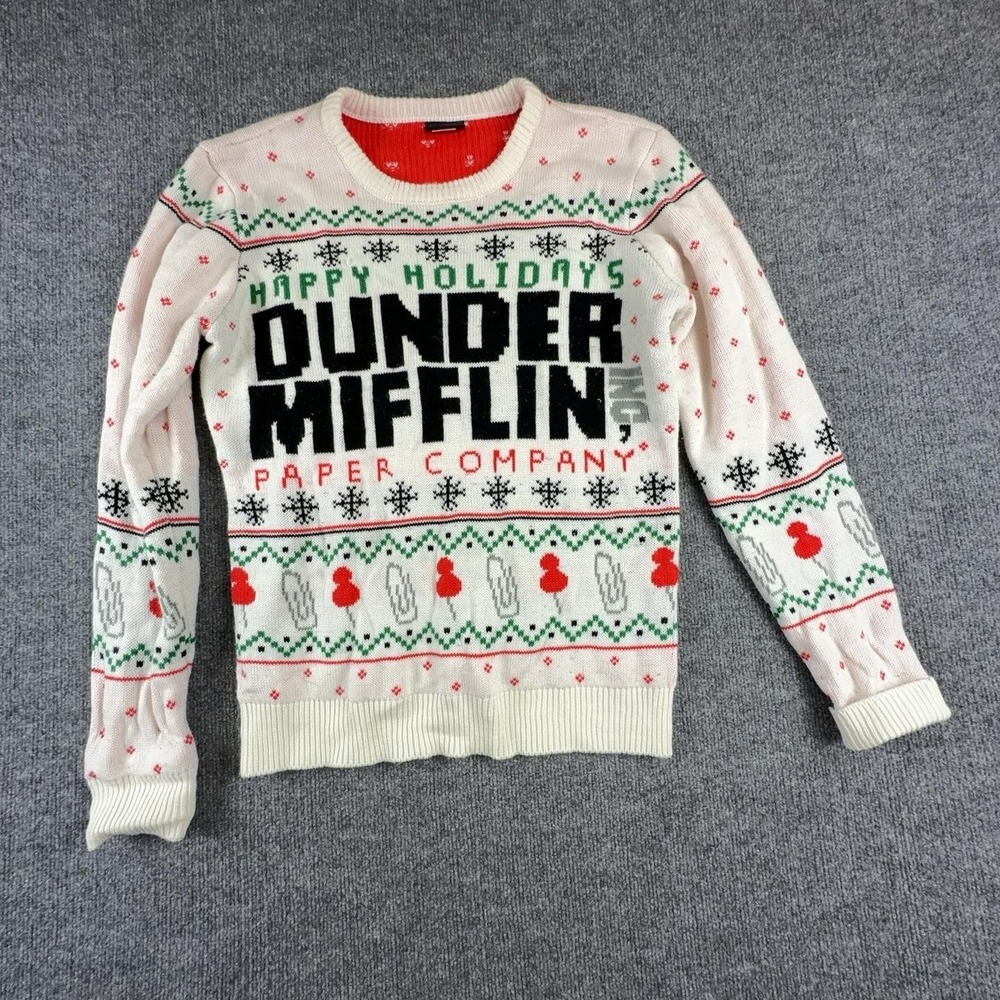 The Office Sweater Mens Medium White Dunder Mifflin Holiday Ugly Christmas